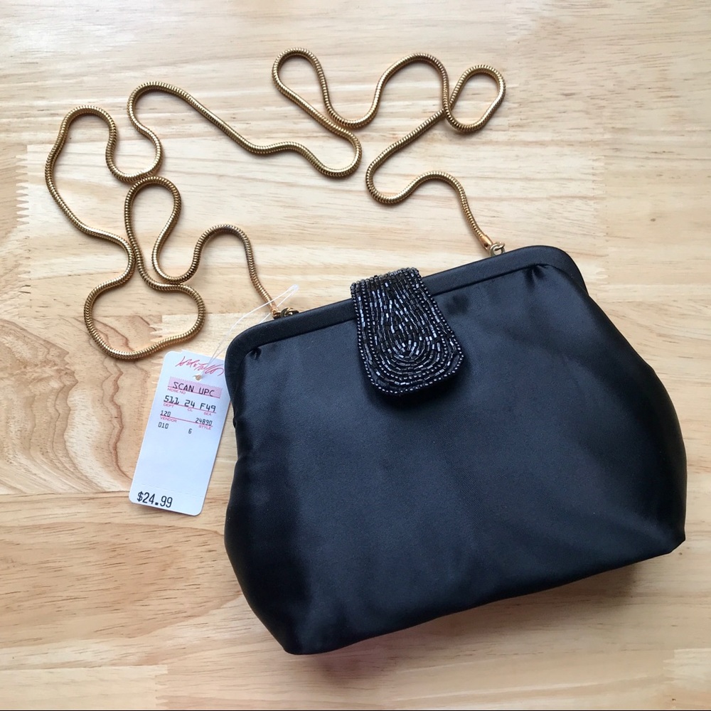 La Regale Black Satin Beaded Mini Evening Bag